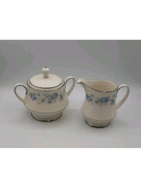 Noritake Splendor 7235 Blue Floral Platinum Trim Cream and Sugar With Lid